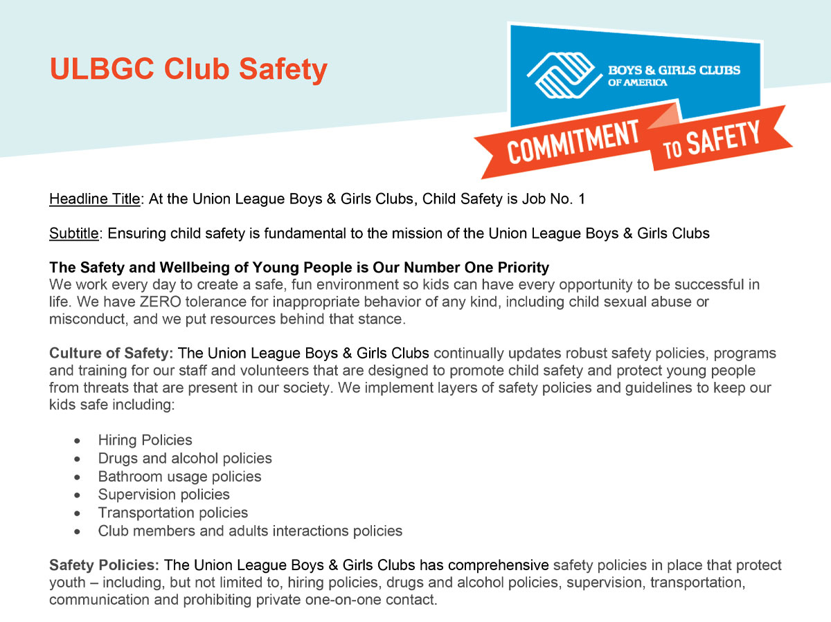 Union League Boys & Girls Club - ACCOUNTABILITY & TRANSPARENCY - Club Safety